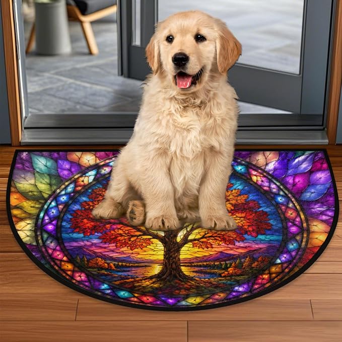 Pardick Tree Half Round Door Mat Welcome Entrance Mat Bath Bathroom Rug A5 | Tree Glass Painting Welcome Entrance Mat Anti-Slip Half Moon Bath Mat Semi Circle Rug Indoor Outdoor Kitchen Rug
