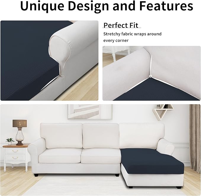 Easy-Going Stretch Sectional Couch Covers 1 Piece Chaise Lounge Slipcover L Shape Separate Cushion Couch Seat Chaise Cover for Both Left/Right Sectional Couch Dark Blue