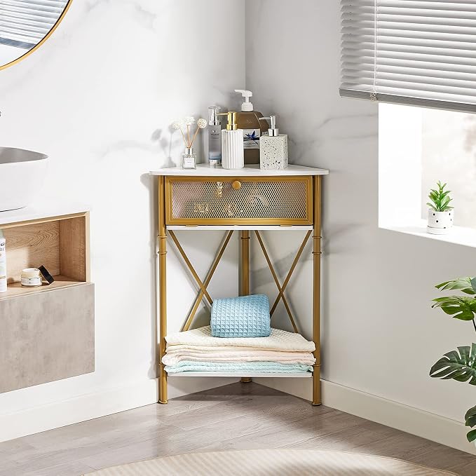 VECELO Corner Cabinet/Table, 3-Tier Display Shelves with Protection Door, Metal Frame Storage Shelf Organizer for Small Space, Living Room, Kitchen, Bathroom