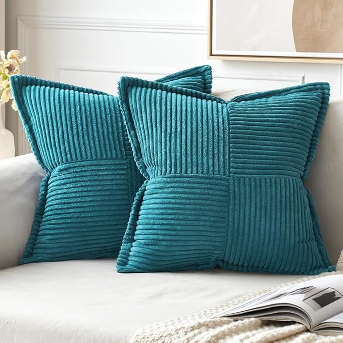 MIULEE Decorative Throw Pillow Covers for Couch Bed Livingroom 16x16 Inch Set of 2 Teal Blue Boho Accent Throw Pllows Broadside Striped Patchwork Soft Corduroy Summer Coastal Pillowcases