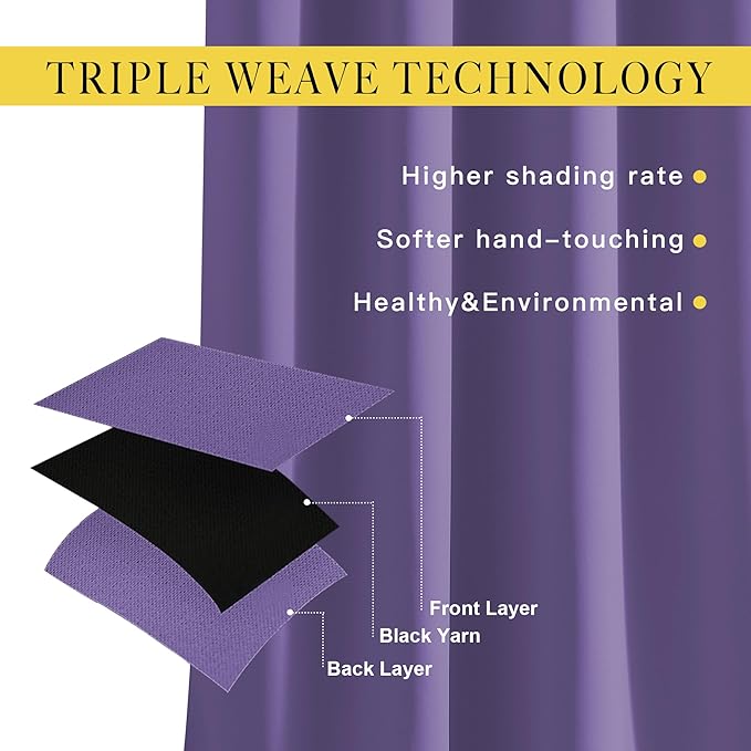 NICETOWN Lilac Purple Blackout Curtains 102 inches Long, Grommet Thermal Insulated Solid Room Darkening Window Treatments Sound Reducing for Living Room, W46 x L102, Set of 2