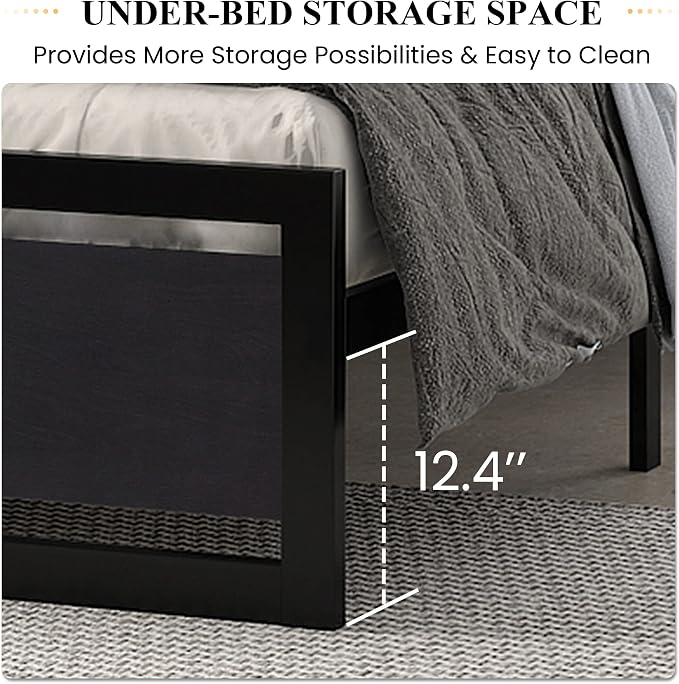 SHA CERLIN Heavy Duty Full Size Bed Frame with Modern Headboard, Black | Platform Metal Base with Square Footboard and 13 Strong Slats Support, No Box Spring Needed