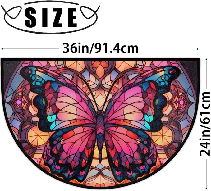 Half Round Door Mat Butterfly Glass Window Intdoor Entrance 36x24 Inch, Non-Slip Welcome Mat for Outdoor Semi Circle Bathroom Floor Rugs,House Entry Way Heavy Duty Doormat for Kitchen Living Room
