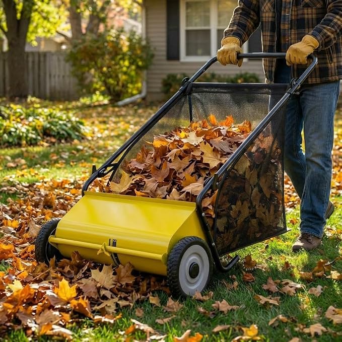 【7 Cu. ft. Hopper Capacity丨Height Adjustment 】 26 in Heavy Duty Push Lawn Sweeper with 4 Fast Spinning Brushes - Lawn Sweeper for Leaf and Grass Collector, Yard Cleanup - Leaf Picker Upper Machine