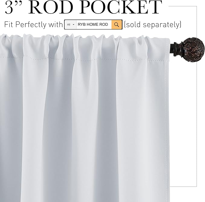 RYB HOME Curtains for Bedroom Living Room 63 inches Long, Thermal Insulated Privacy Rod Pocket Drapes for Nursery Office Home Theater, Width 42 by Length 63, Greyish White, 2 Panels