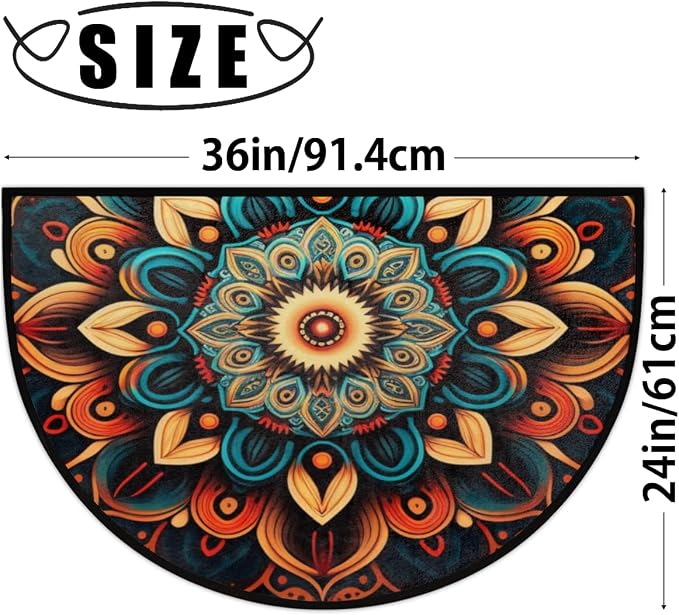 Bohemian Flower Half Round Doormat Boho Floral Washable Semi Circle Area Rug Non Slip Absorbent Half Moon Rug for Indoor Outdoor Bathroom Kitchen Patio Front Welcome Fireplace Hearth Floor Mat