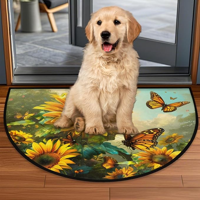Sunflower Half Round Door Mat Non-Slip Semi Circle Rug Half Moon Doormat | Sunflower Fall Soft Washable Welcome Entrance Mat for Outdoor Indoor Floor Bedroom Bathroom Home Kitchen Festival Decor