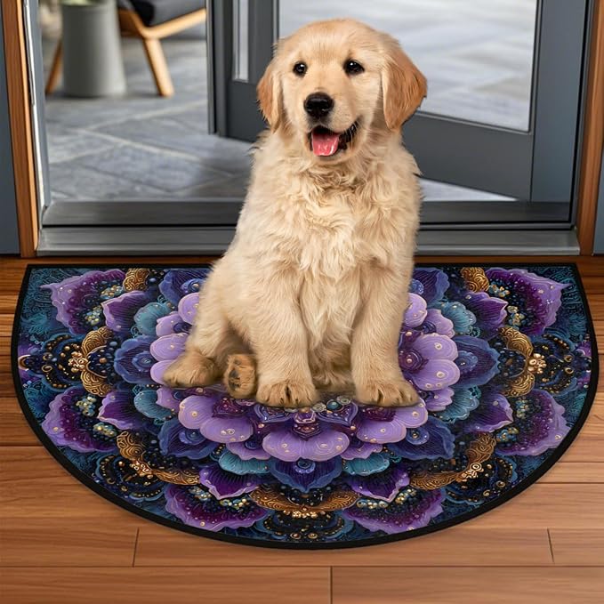 Mandala Purple Galaxy Half Round Door Mat Non-Slip Semi Circle Rug Washable Half Moon Floor Rug Absorbent Bathroom Area Rugs for Outdoor Indoor Fireplace Mat Entryway Kitchen Decor Rugs