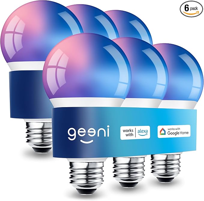Geeni Prisma Plus Smart Light Bulb, 800 Dimmable, 6-Pack | Color-Changing LED, Tunable White, Works with Alexa & Google Home, Wi-Fi Control, A19 Energy Efficient
