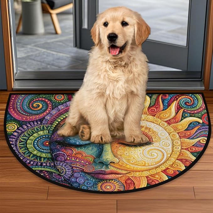 Moon Half Round Door Mat Semi Circle Rug Half Moon Doormat | Soft Washable Mandala Boho Welcome Entrance Mat for Outdoor Indoor Floor Bedroom Bathroom Home Kitchen Festival Decor