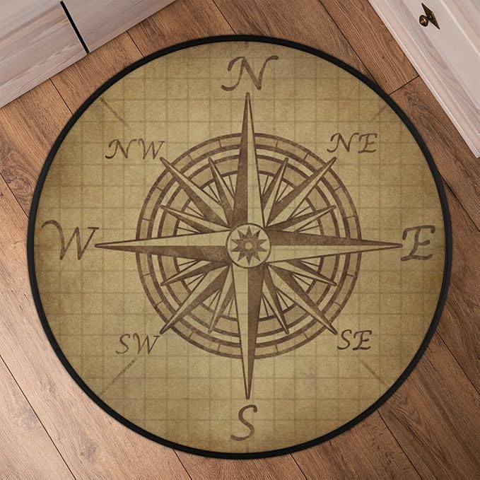 Compass Rose Retro Round Area Rug, Vintage Pattern Non-Slip Circle Rug for Bedroom Living Room Outdoor Study Playing Floor Mat Carpet, 3' Diameter
