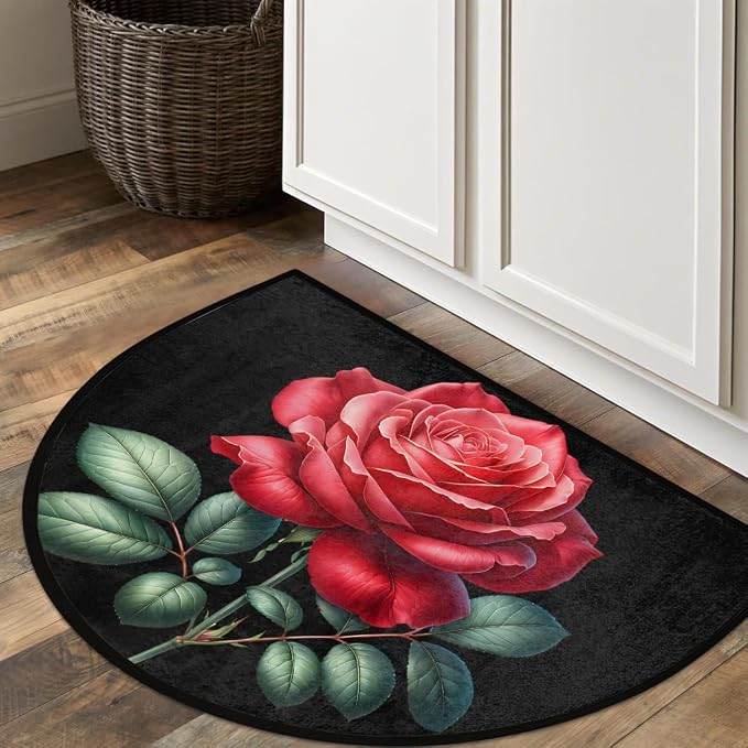 Rose Res Floral Half Round Door Mat Non-Slip Semi Circle Rug Washable Half Moon Floor Rug Absorbent Bathroom Area Rugs for Outdoor Indoor Fireplace Mat Entryway Kitchen Decor Rugs