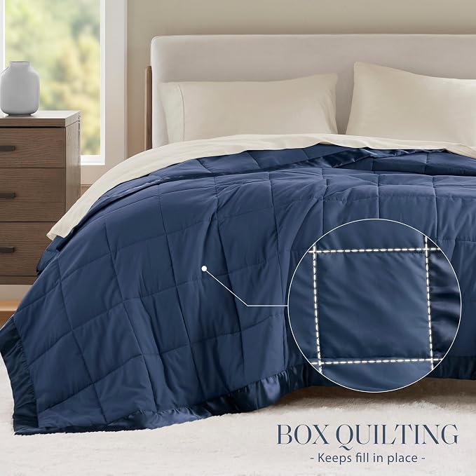 Madison Park Down Alternative Queen Blanket for Bed, Satin Trim, Navy | Lightweight Windom Blanket Full Size Premium 3M Scotchgard Moisture Wicking Treatment, OEKO TEX, Soft Bed Cover, All Season