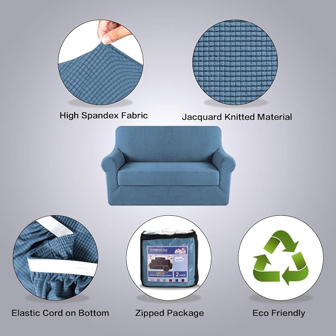 H.VERSAILTEX 2 Piece Loveseat Slipcovers 2 Cushions Loveseat Cover Furniture Cover/Protector with Elastic Bottom, Spandex Jacquard High Stretch Stylish Suit for T Cushion/Box Cushion- Dusty Blue