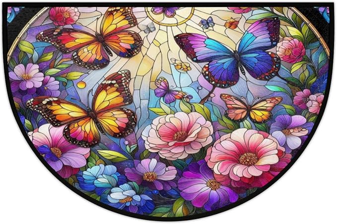 Half Round Doormat Colored Butterfly Flowers Non Slip Half Circle Area Rugs Indoor Washable Half Moon Rug Semi Circle Bathroom Runner Mat Entrance Floor Carpet for Kithen Bedroom Fireplace Decor
