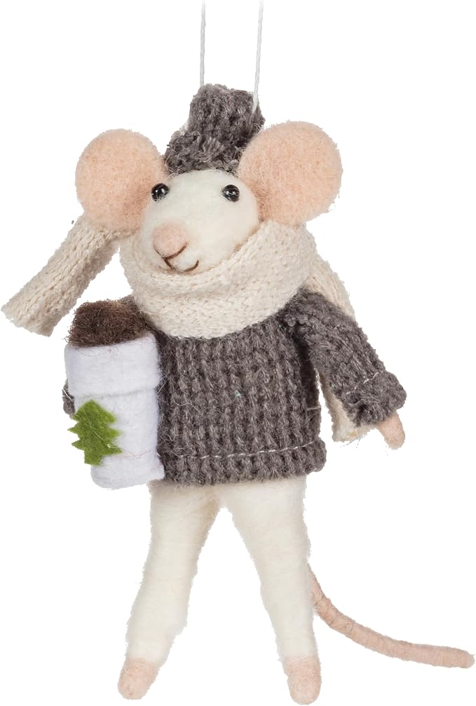 Abbott Collection Mouse with Coffee Christmas Ornament, Pack of 1 | Hand-Crafted Wool Felt, Hanging Ornament, Gray, 5"H