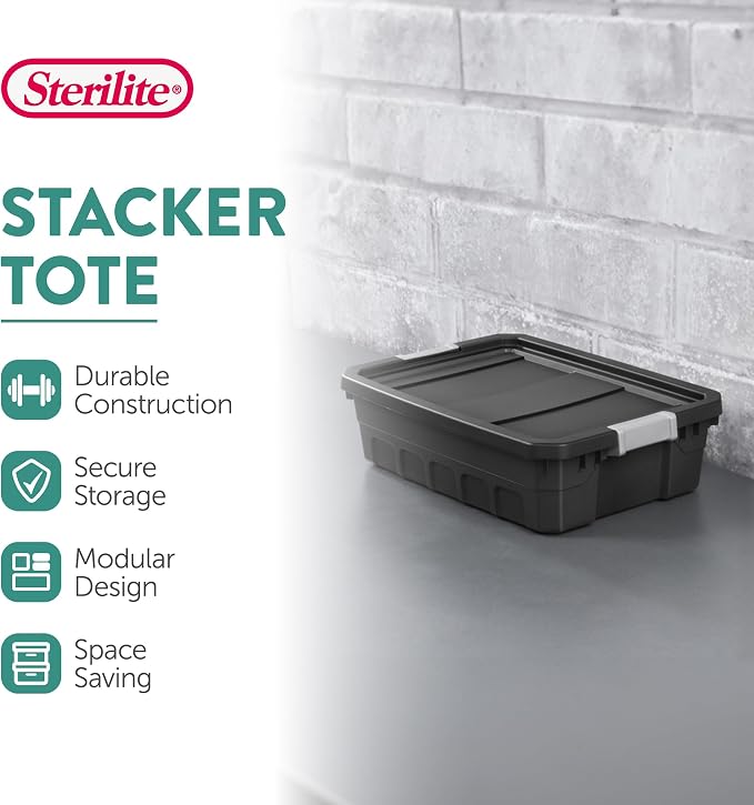 Sterilite 18-Pack Plastic Storage Bins with Lids, Stackable Containers, 10 Gallon, Black