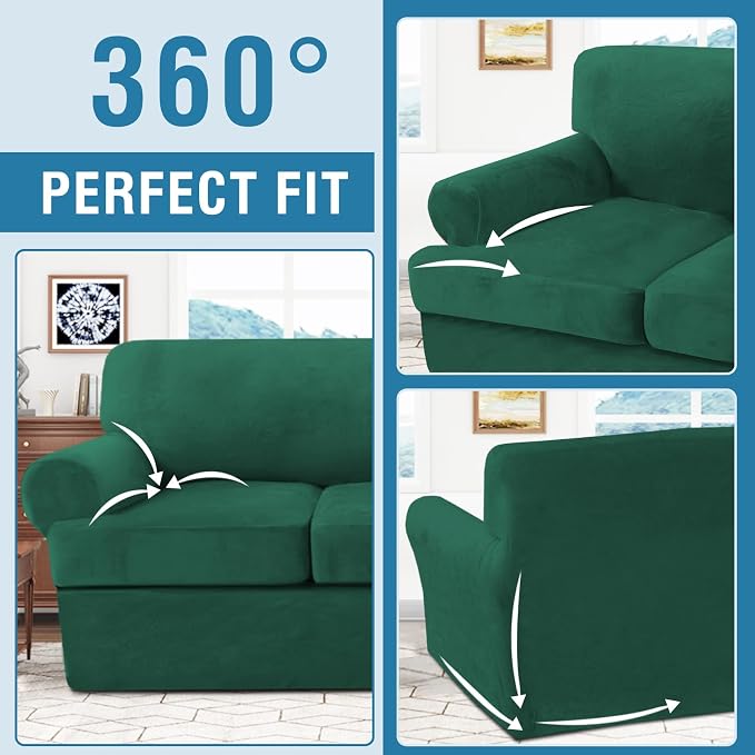 H.VERSAILTEX Sofa Cover 4 Piece T Cushion Sofa Slipcovers Thick Velvet Couch Cover Stretch T Cushion Sofa Covers for 3 Cushion Couch with 3 Individual T Cushion Covers, Vintage Green