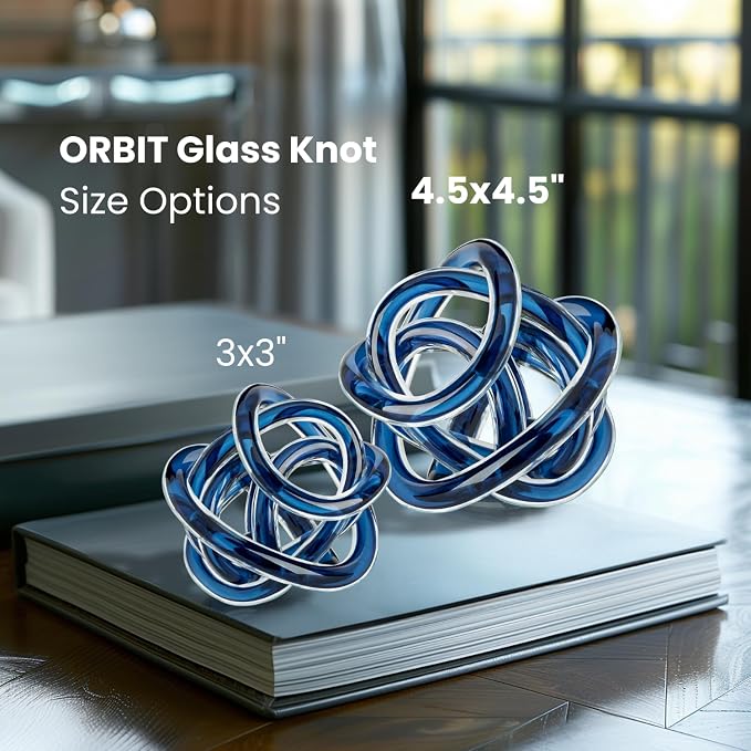 Torre & Tagus Orbit Hand Blown Glass Infinity Knot Sculpture - 4.5 Inch Glass Art Blue Knot Decor Ball for Home Decor, Small Centerpiece Table Decoration for Home Interior (Indigo Blue)