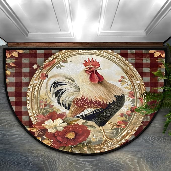 Half Round Door Mat Vintage Plaid Rooster Chicken Non-Slip Semi Circle Area Rug Washable Half Moon Hearth Rugs for Indoor Outdoor Bathroom Kitchen Patio Runner Mat Laundry Room Home Decoration