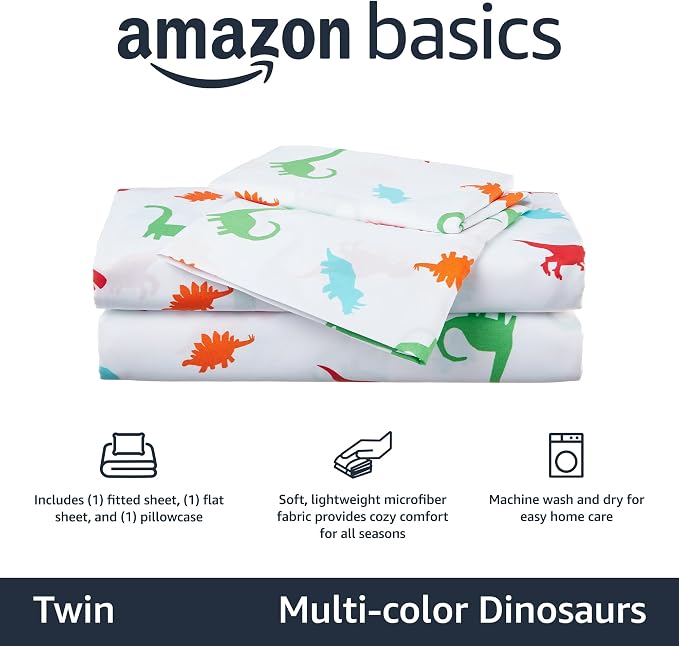 Amazon Basics Kid's Soft, Breathable, Easy-Wash Microfiber 3-Piece Sheet Set with Fitted Sheet, Twin, Multi-Color Dinosaurs, Animal Print
