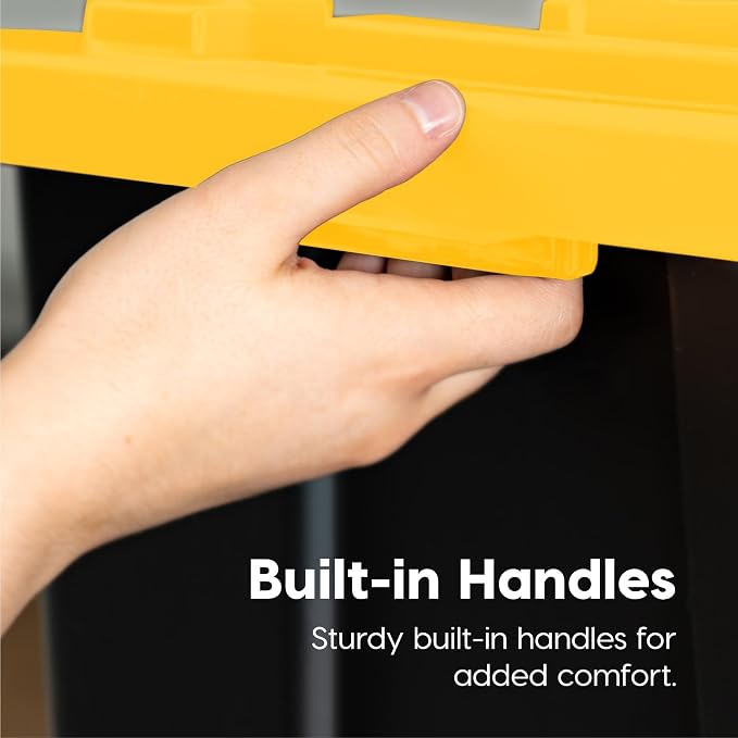 IRIS USA 4-Pack 27 Gal Heavy Duty Storage Tote Bins with Lids, Black/Yellow | Large-capacity design handles moving, camping gear and bulky equipment, Stackable shape maximizes garage storage