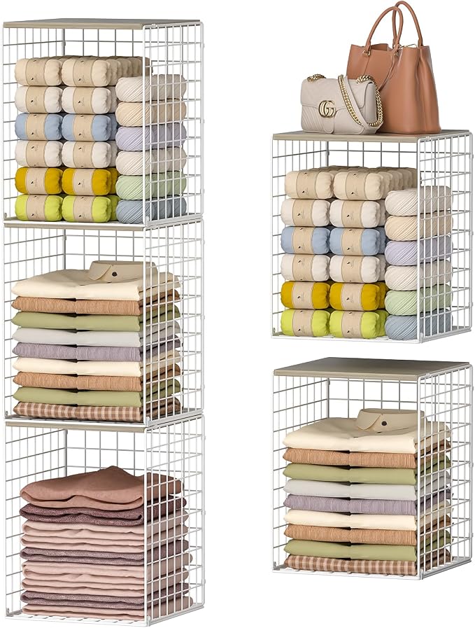 Hencawima 3-Pack Taller Stackable Closet Organizers and Storage with Wood Top,White | Wire Storage Bins for Clothes, Double Storage Design, Sturdy Metal Cube Shelf Organizer for Closet Wardrobe,White