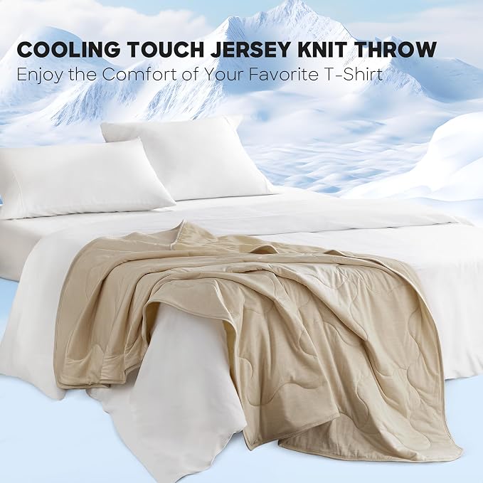 Sharper Image Cooling Touch Down Alternative Throw Blanket, 50 x 60, Tan | Jersey Knit, All Season, Ultra Soft, Microfiber, Cozy Warmth for Sofa or Bed, Quilted, Lightweight, OEKO-TEX Certified