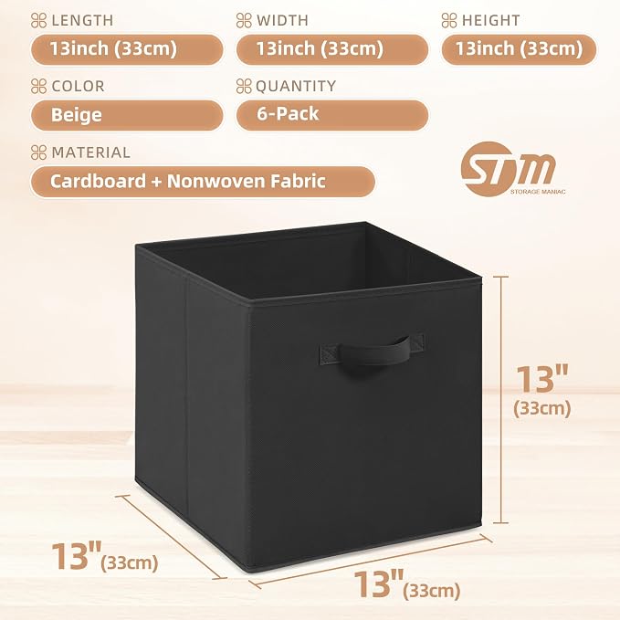 STORAGE MANIAC Storage Cubes, 13 Inch Collapsible Storage Bins with Handles, 6 Pack Fabric Foldable Bins for Organization, Durable Storage Bins for Closet, Shelves, Offices, 6-Pack Black