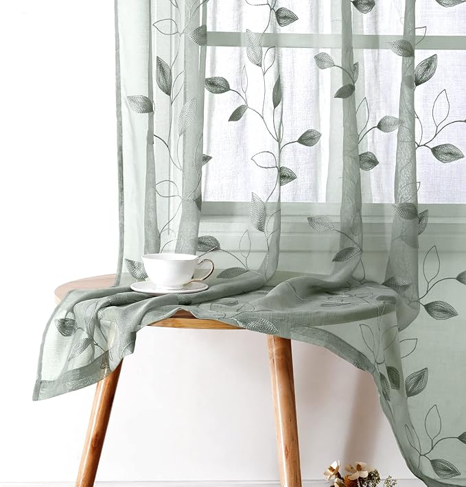 HOMEIDEAS Sage Green Sheer Curtains 52 X 96 Inches Long 2 Panels Embroidered - Image 4