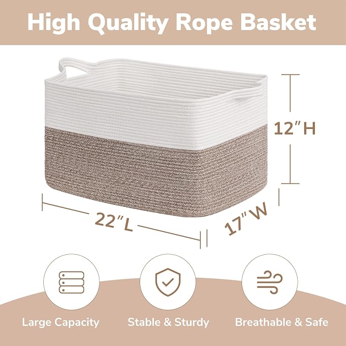 Goodpick 75L Extra Large Cotton Rope Storage Basket, 22" x 17" x 12", Brown | Blankets, Toys & Clothes Storage, Nursery, Living Room & Bedroom Organization, Decorative Storage Basket, Built-In Handles
