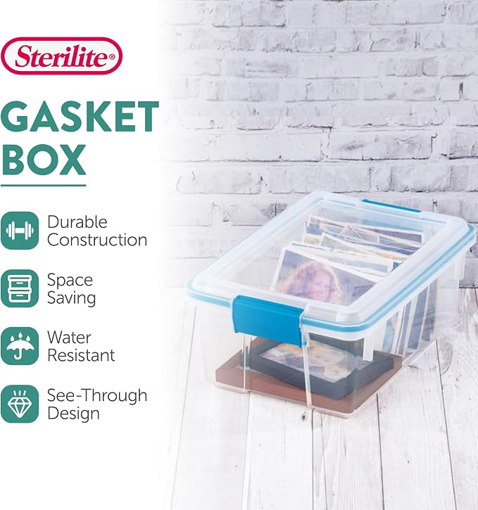 Sterilite Gasket Storage Box with Lids for Home & Office, 12 Quart, 24-Pack | Heavy-Duty, Stackable, and Organizing Containers for Bathroom, Cabinet, Closet, and Garage, Clear and Blue Aquarium Latches