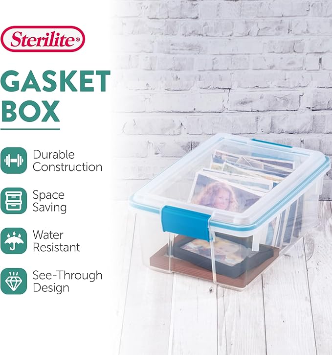 Sterilite Gasket Storage Box with Lids for Home & Office, 12 Quart, 6-Pack | Heavy-Duty, Stackable, and Organizing Containers for Bathroom, Cabinet, Closet, and Garage, Clear and Blue Aquarium Latches