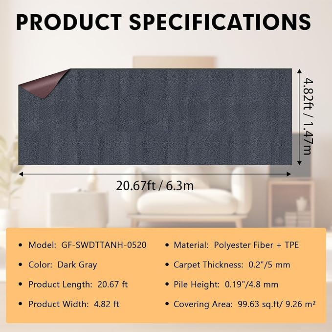Grefinity Marine Carpet,5 FT x 20 FT Dark Gray Indoor Outdoor Carpet 0.2" Thick Boat Rug with Water-Proof TPE Backing for Home, Patio, Porch, Deck