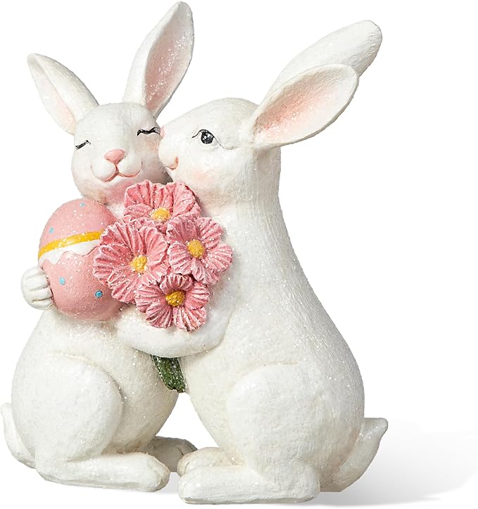 Glitzhome Resin Easter Bunny Figurines Table Decors for Spring Easter Party Supplies Props, 7''H