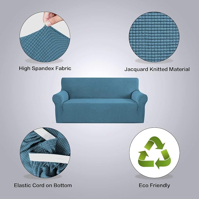 H.VERSAILTEX Stretch Couch Covers for Sofa 1 Piece Slipcovers for Couch and Sofas 3 Seater Couch Cover Feature Thick Checked Jacquard Fabric with Elastic Bottom(Large Sofa 90"-100" Wide, Dusty Blue)