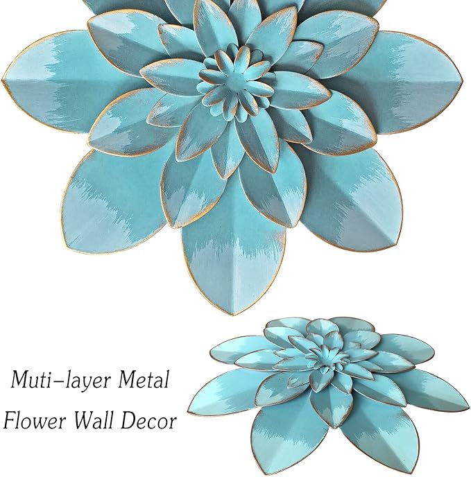 Metal Flower Wall Art Decor, 9.5" Light Sky Blue Floral Art | Rustic Modern Floral Sculpture,Distressed Hanging Home Decoration for Indoor Bedroom Living Room Office Outdoor Garden