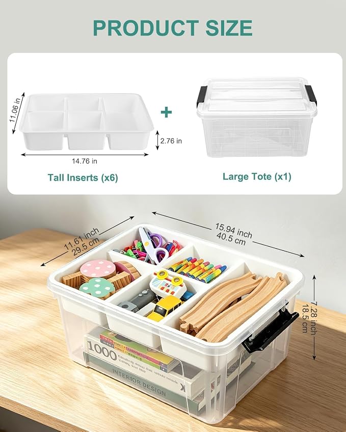 17QT Clear Storage Box with Tray for Crafts & Lego Organization | Removable 5-compartment tray separates small beads & sewing kits, while deep base stores bulky tools. Portable & BPA-free.