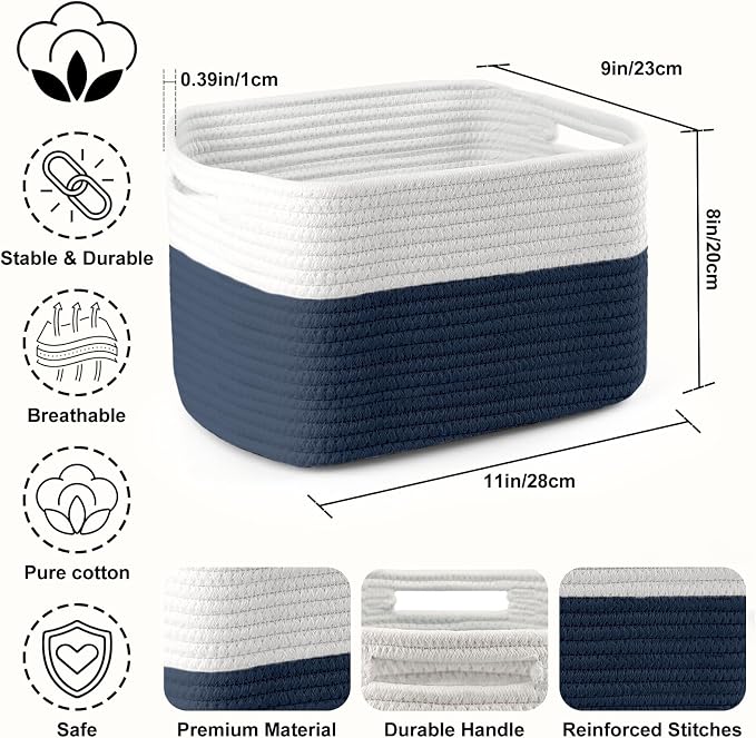 4 Pack Storage Baskets for Organizing, 11''Lx9''Wx8''H Woven Baskets for Storage Toys, Towels, Books, and Clothes, Cotton Rope Basket for Shelves with Handle