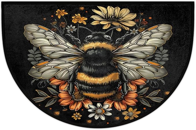 Half Round Doormat Bee Flower Black Washable Semi Circle Mat Non Slip Absorbent Half Moon Rugs for Indoor Outdoor Entrance Kitchen Bathroom Bedroom Patio Fireplace Floor Carpet Decor