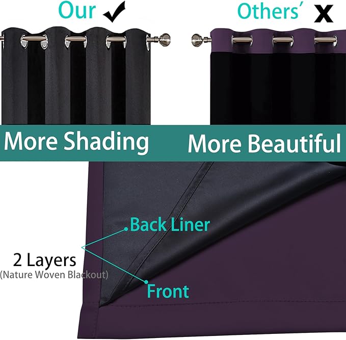 Yakamok 100% Blackout Curtains 84 Inches Long, 2 Thick Layers Heat and Full Light Blocking Soft Thermal Insulated Drapes for Bedroom(52" Wide Each Panel,Purple, 2 Panels)