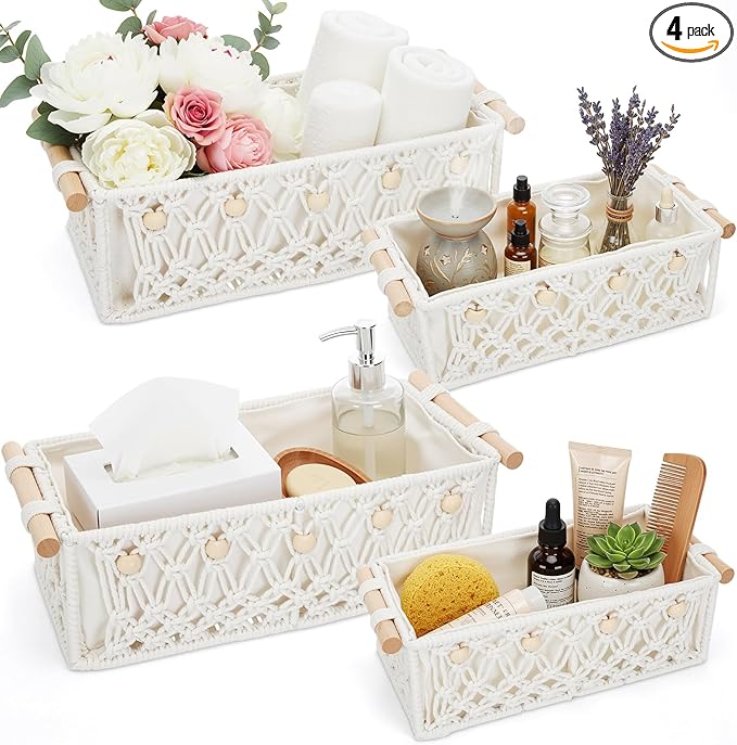 Vesici 4 Pcs Boho Macrame Storage Basket for Shelves 13" 11" Neutral White Storage Basket Hand Woven Box with Wood Handles Beads Decorative Countertop Toilet Cabinet Organizer for Home Decor