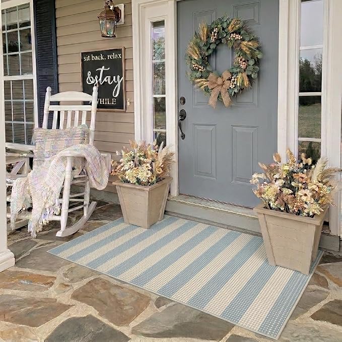 LEEVAN Coastal Outdoor Patio Rug 3x5 Washable Striped Front Porch Mat | Spring Colorful Outside Entryway Rug, Woven Welcome Doormat Blue White Tan Buffalo Backyard Layered Mat for Entrance/Doorway