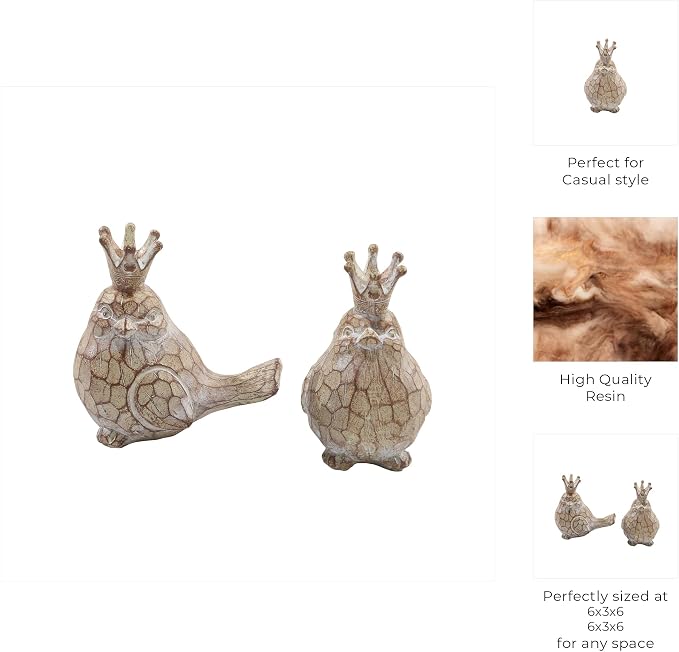 Sagebrook Home Set of 2 Royal Bird Figurines - Decorative Resin Sculptures with Crown - Elegant Home Accent for Living Room, Office & Bedroom - Polyresin Bird Statues - 6" Brown