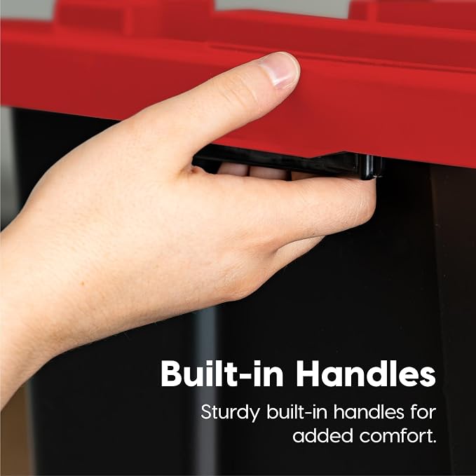 IRIS USA 4-Pack 27 Gal Heavy Duty Storage Tote Bins with Lids, Red | Large-capacity design stores seasonal gear, moving supplies and equipment, Stackable shape supports efficient organization