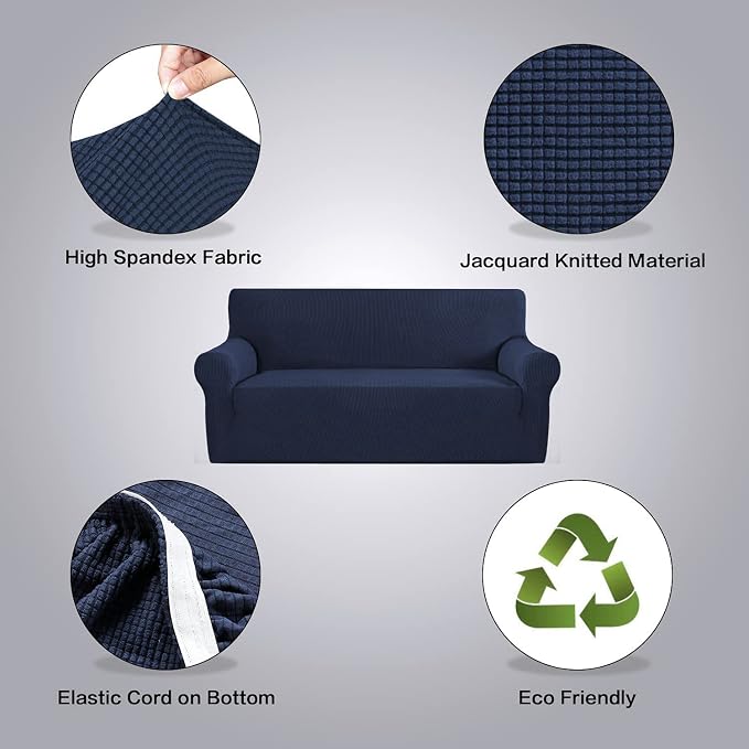 H.VERSAILTEX Stretch Couch Slipcovers for 3 Cushion Couch Soft Sofa Covers Washable Feature Thick Checked Jacquard Fabric with Elastic Bottom, Sofa Large - Navy
