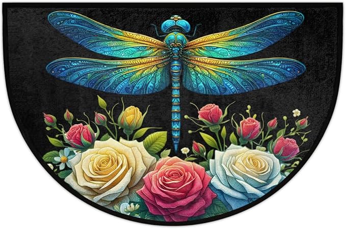 Floral Flower Dragonfly Half Round Door Mat Non-Slip Semi Circle Rug Washable Half Moon Floor Rug Absorbent Bathroom Area Rugs for Outdoor Indoor Fireplace Mat Entryway Kitchen Decor Rugs