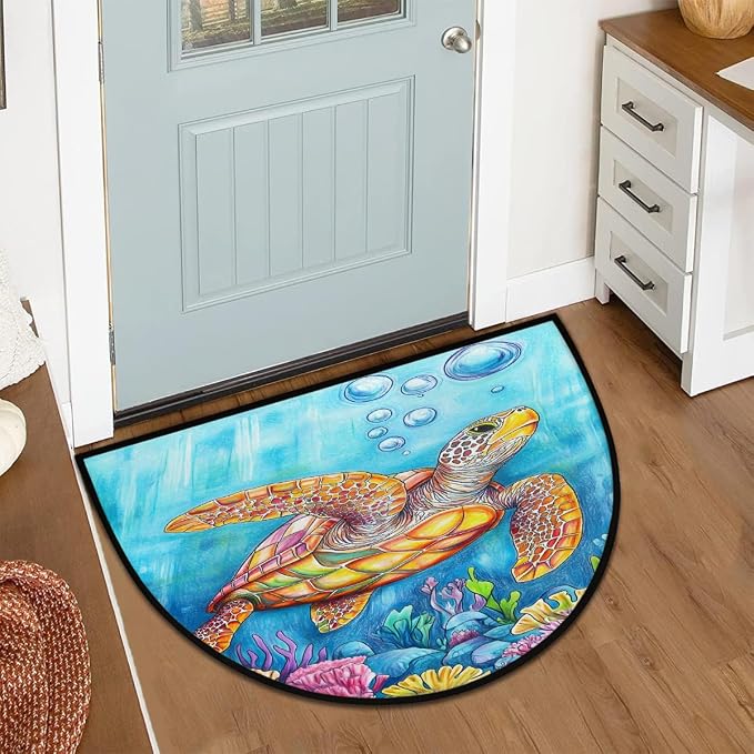 Sea Colorful Turtle Half Round Door Mat Non-Slip Semi Circle Rug Washable Half Moon Floor Rug Absorbent Bathroom Area Rugs for Outdoor Indoor Fireplace Mat Entryway Kitchen Decor Rugs