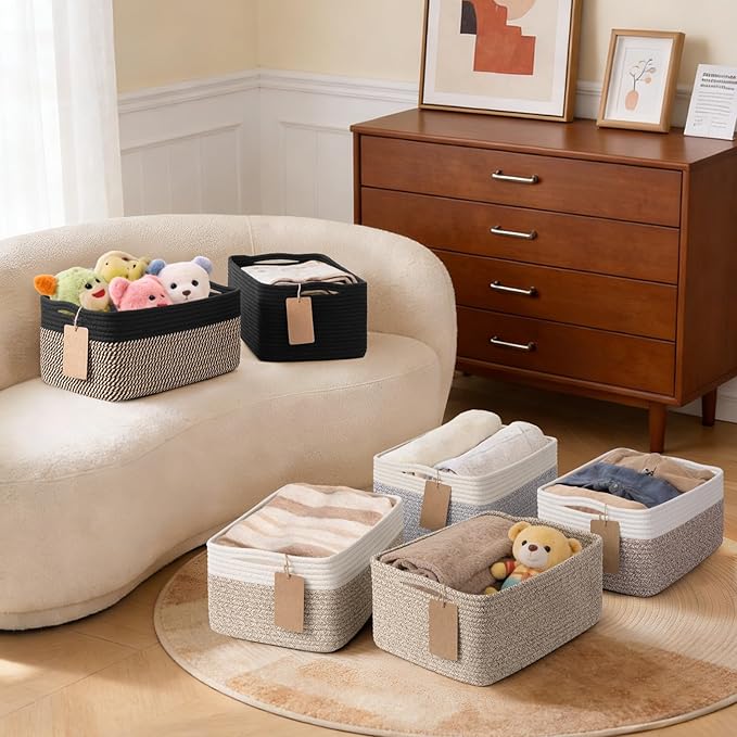 Goodpick 4 Pack Cotton Rope Storage Baskets for Shelves, Brown & White | 13" x 8" x 6", Rectangle, Woven Texture, Baby Toys, Diapers, Nursery Essentials, Decorative Gifts & Home Organization