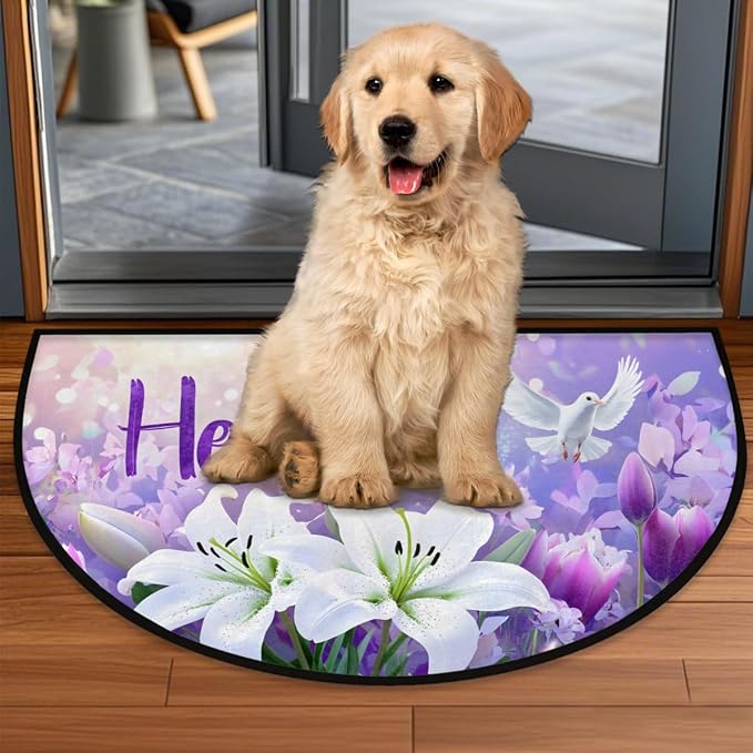 Easter White Lily He is Risen Half Round Door Mat Indoor Entrance Half Circle Area Rug Semi Circular Door Mat Half Moon Rug for Floor Bathroom Living Room Bedroom Kitchen Fireplace 24"x36",A-02